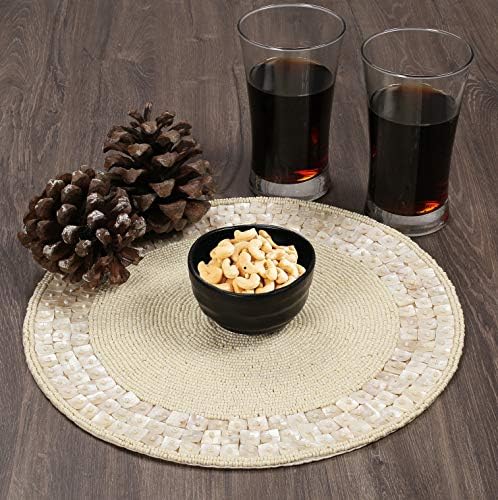 Holiday Beaded Placemats for Dining Table MOP/Ivory - Pack of 2 Measure 13 inches Beaded Placemats Round for Gathering, Thanksgiving - Occasional Decoration and Family Parties Celebration