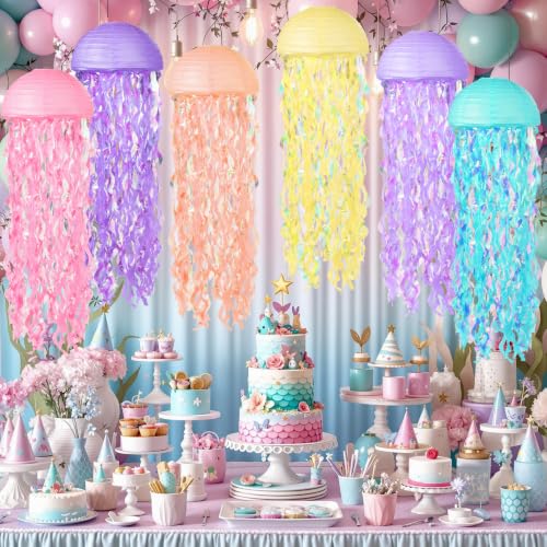 Image of Jellyfish Paper Lanterns 6 Pacs Under The Sea Party Decorations Mermaid Party Baby Shower Decorations Blue Hanging Jelly Fish for Ocean Spongebob Birthday Party Decorations (Macaron)