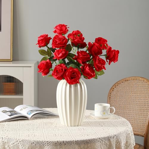 Image of Tifuly 12PCS Rose Artificial Flower, Single Stem Fake Floral Bridal Wedding Bouquet, Realistic Blossom Flora for Home Garden Party Hotel Office Decorations (Red)