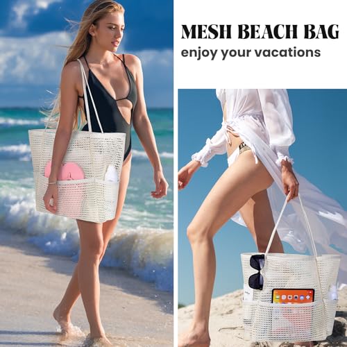 Image of Iioscre Beach Bag for Women, Causal Hobo Handbags with Zipper Inner Pocket, Foldable Swim Tote Bag for Vacation Essentials