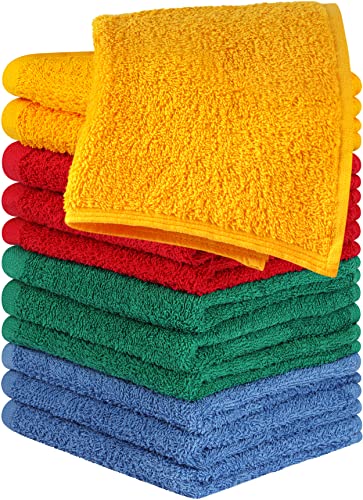 Image of Utopia Towels 12 Pack Cotton Washcloths Set, 100% Ring Spun Cotton, Premium Flannel Face Cloths, Highly Absorbent and Soft Feel Fingertip Towels, Electric Blue, Hunter Green, Red, Mustard