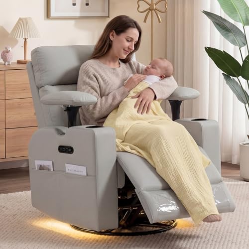 Power Rocking Nursing Chair with Adjustable Armrests&Headrest,Recliner Nursery Chairs for Breastfeeding,Electric Swivel Rocker Glider with USB Port,Nightlight,Cup Holder,Armchair,Recliners,Grey