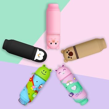 Vicloon Pencil Case, Bear Pencil Case in Soft Silicone, 2 in 1 Silicone Pouches Big Capacity Pencil Case and Desk Pen Holder, Retractable Capacity, Zipper Closure (Brown)
