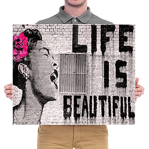Wieco Art Abstract Giclee Canvas Prints Wall Art Ready To Hang For Kitchen Home Office Decor Banksy Life Is Beautiful Large Modern Stretched And Framed Grey Impressionist Pictures Paintings Artwork #TOP6