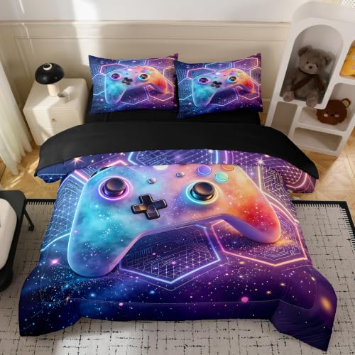 Image of NINENINE Gaming Comforter Sets, Gradient Honeycomb Galaxy Gaming Bedding 5PCS Queen Size Comforter Sets for Boys Gamer (1Comforter, 1Flat Sheet, 1Fitted Sheet, 2Pillowcases)