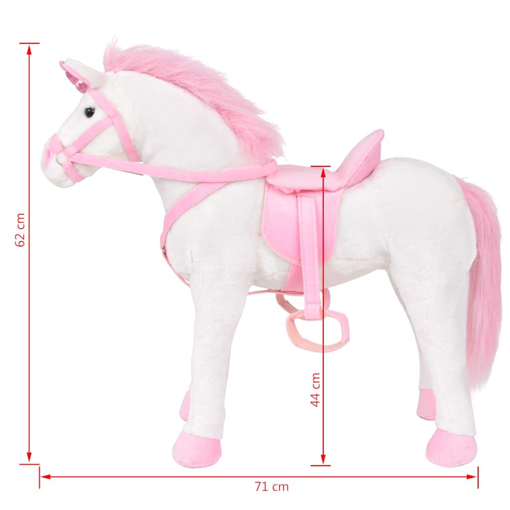Plueschtier Einhorn stehend weiss rosa XXL mit Sound Funktion, Sattel und Zuegel, 71 x 62 cm, belastbar bis 100 kg, fuer Kinder ab 36 Monaten, Kuscheltier fuer Rollenspiel