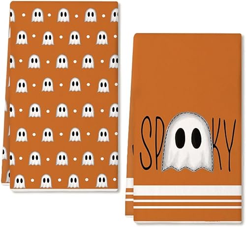 Miniatura 9 de ARKENY Juego de 2 paños de cocina de Halloween, diseño de fantasma negro con lazo de 18 x 26 pulgadas, decoración del hogar de granja AD132