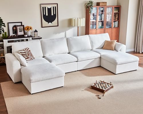 Image of 160.6'' Oversized Modular Sofa Comfy Cloud Couch with Storage, Extra Deep Plush Sectional Sofa Set U-Shaped for Living Room, Covers Washable, 6-Seater with 2 Ottomans, Chenille, White