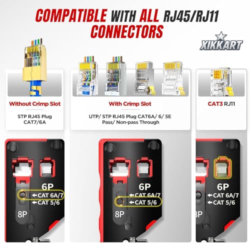 Image of XIKKART RJ45 Crimping Tool Kit - All-in-One Passthrough Ethernet Crimper for Cat5 /Cat6 /Cat7 - Includes Network Cable Tester with Battery, 10pc Cat6 Pass-Through Connectors & 10pc Boots(Multicolor)