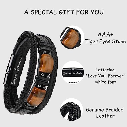 Boyfriend Gifts From Girlfriend Black Leather Bracelets For Men Father's Day Birthday Gift For Him Dainty Bracelet With 2 Tiger Eyes For Anniversary Christmas Valentine's Day Halloween Thanksgiving Day #TOP3