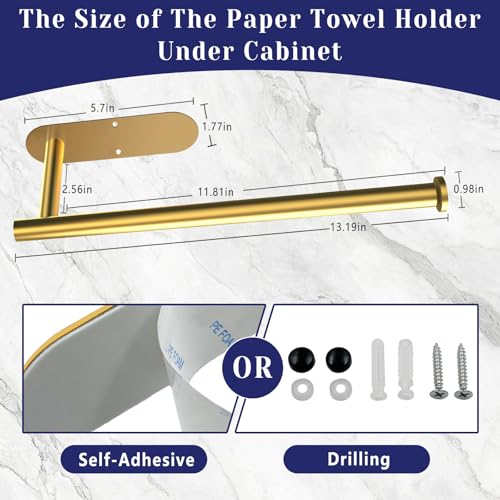 Image of Paper Towel Holder, Self Adhesive or Drilling Paper Towel Holder Under Cabinet, Stainless Steel Paper Towel Holders Wall Mount for Kitchen, Bathroom, Sink, Pantry, Fridge (Gold)