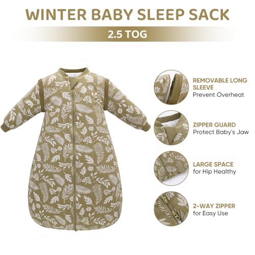 Image of Baby Sleep Sack, TOG 2.5 Winter Wearable Blanket, Removable Long Sleeves Baby Sleeping Bag for Infants and Toddlers, Super Soft Warm Comfortable Sleeping Sack, White Leaf, 0-6M