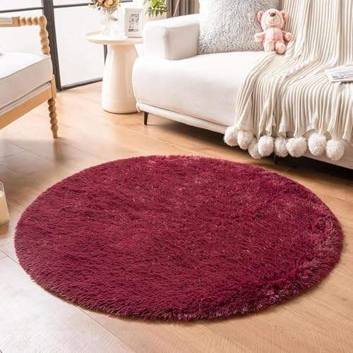 Image of Shaggy Round Area Rug - Soft Plush Circle Solid Color Carpet for Living Room, Bedroom, Kids Room - Fluffy Fuzzy Floor Mat for Home Decor (Maroon, 4x4 feet, Round)