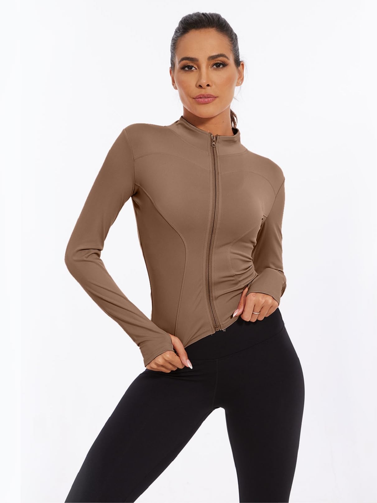 CheChury T-shirt de sport pour femme - Veste de sport respirante - Veste de course à pied à manches longues - Haut léger avec fermeture éclair - Séchage rapide - Veste de yoga - Fitness Running