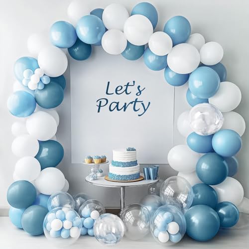 Image of YAOWKY Dusty Blue and White Balloons Garland Arch Kit,111pcs 18 12 5 Inch Light Blue White and Clear Latex Balloons for Baby Shower Birthday Wedding Bridal Shower Graduation Party Decorations