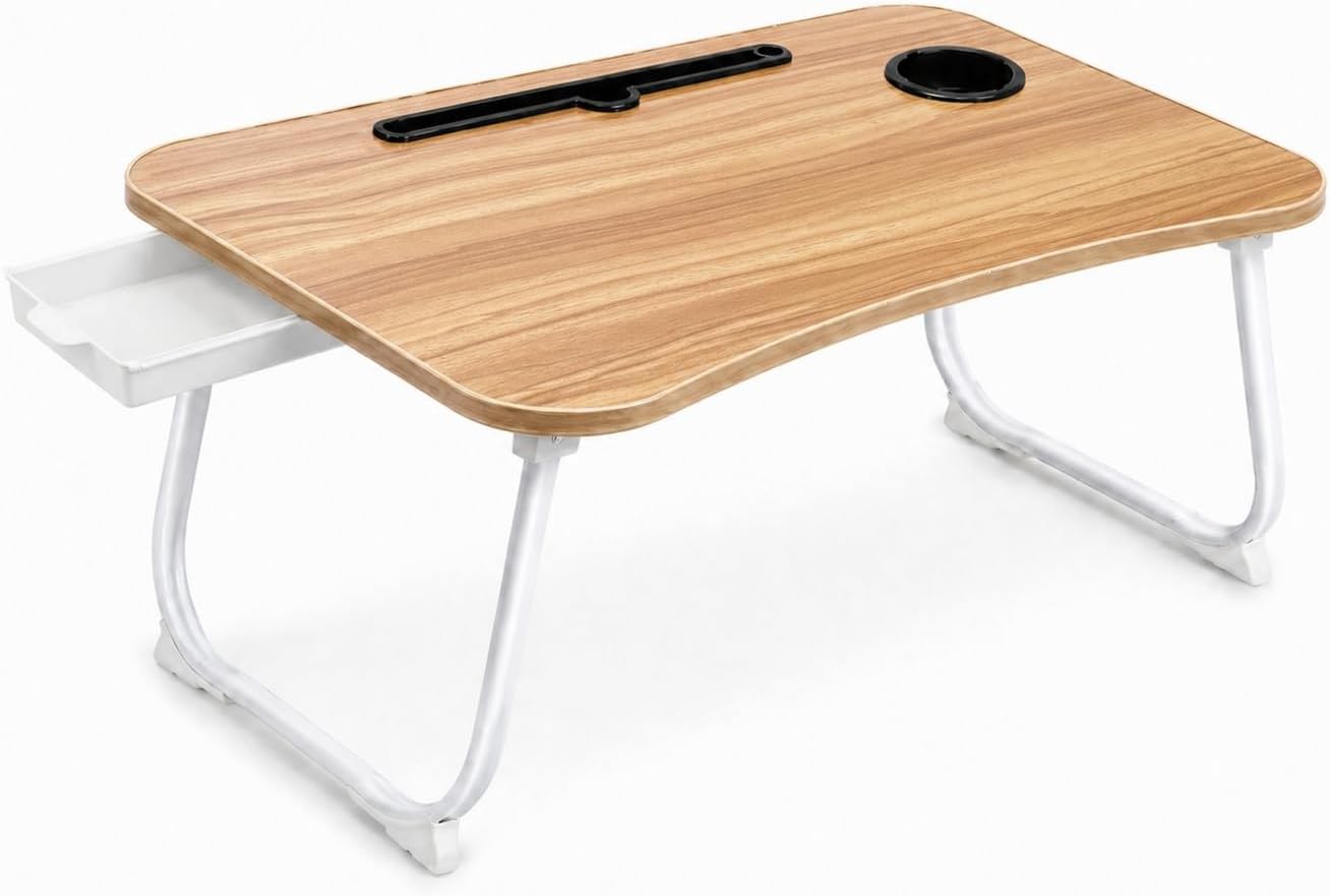 Multi-Feature Lap Desk with Cup Holder Tablet Slot and Storage Drawer - Portable Foldable Laptop Table for Bed Sofa and Floor - Metal Folding Legs 4 Colors