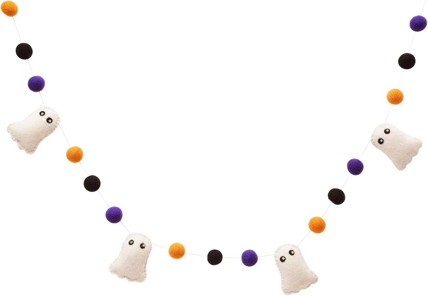 Glaciart One Felt Balls + Ghosts Garland - Easy to Hang Halloween Party Banner Decoration - 100% New Zealand Wool, Hand-Felted in Nepal - 5' Long, 15 Purple Orange & Black Pom Poms, 4 Ghost Ornaments
