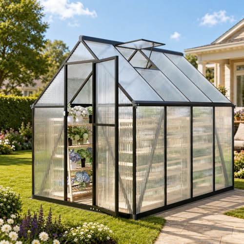 6x8FT Small Greenhouse, Plant Gardening Green Houses for Outside Heavy Duty with Aluminum Frame,Walk-in Outdoor Greenhouse, Polycarbonate Greenhouse, Quick Setup,Vented Roof Window, Charcoal Gray