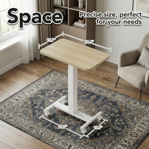 Image of HUANUO Small Rolling Laptop Standing Desk, Height Adjustable Mobile T-Base Desk with Lockable Casters, Portable Sit-Stand Workstation for Bedside & Sofa, Light Walunt