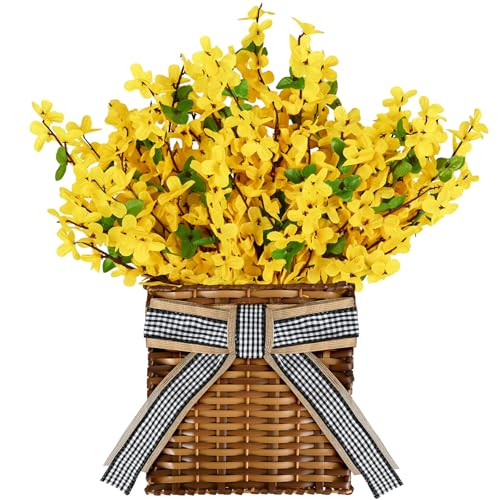 Yellow Forsythia Wreath Spring Door Hanger Basket Wreath, Artificial Spring Summer Flowers Wreathes with Green Leaves for Front Door Indoors Outdoor Decor Rustic and Farmhouse Yellow Wreathes