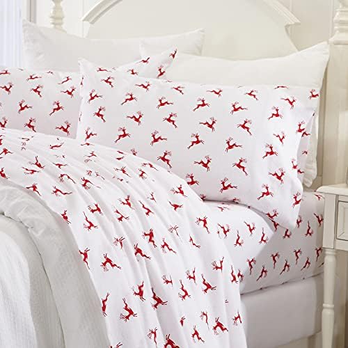 Great Bay Home 100% Turkish Cotton Full Kids Holiday Flannel Sheet Set | Deep Pocket Fitted Sheet, Soft Sheets | Warm Bed Sheets | Pre-Shrunk & Anti-Pill Flannel Sheets (Full,Reindeer)