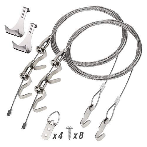 Hyber&Cara 2 x alambre colgante de acero inoxidable de 2mm x 2,5m para cuadros pinturas foto, con ganchos para colgar cuadros ajustables y ganchos de riel de imagen