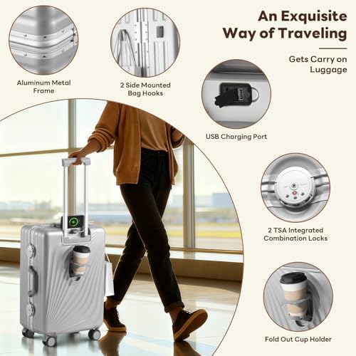 Image of Carry On Luggage, Aluminum Frame Zipperless Suitcase, Silver, 20 in | Airline Approved, Hardside, TSA Lock, 360Spinner Wheels, PC, Wet and Dry Separation Pocket, Cup and Phone Holder, Side Hook