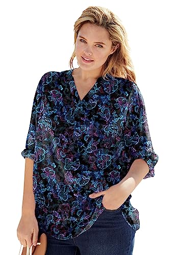 Woman Within Women's Plus Size Three-Quarter Sleeve Tab-Front Tunic - L, Black Multi Batik #TOP2