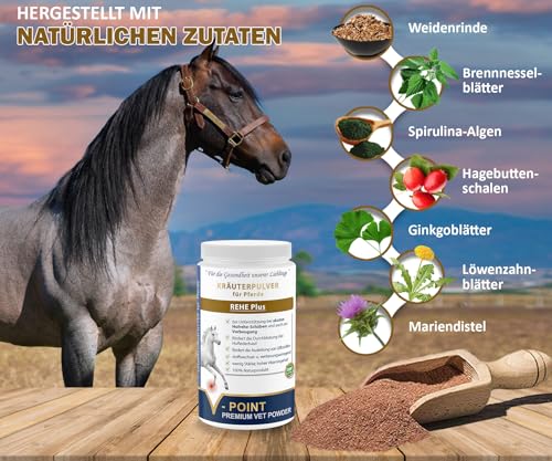 Foto von V-POINT REHE Plus bei akuten Hufrehe-Schüben zur Vorbeugung fördert Durchblutung der Huflederhaut - Hagebuttenpulver Mariendistel Spirulina (450 g)