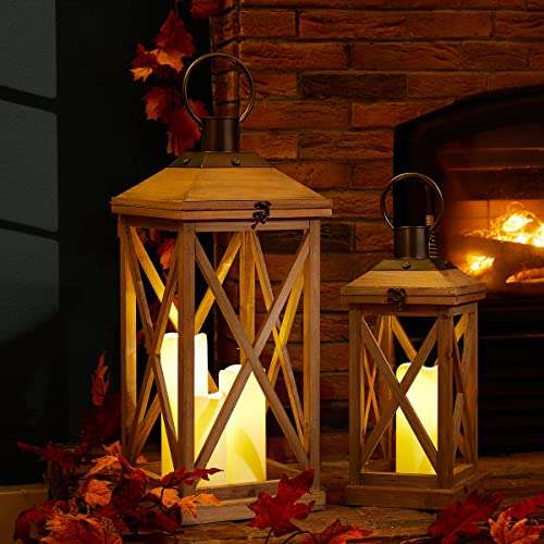 Glitzhome 2004400001-1 Mondern Farmhouse Wood Metal Lanterns Decorative Hanging Candle Lanterns Set Of 2 thumb #8