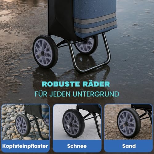 Allyson® Einkaufstrolley klappbar mit Reflektoren & Kühltasche, Einkaufswagen 45L Kapazität, Wetterfester Shopping Trolley, Treppensteiger Trolley mit Geräuschlosen Rädern & Abnehmbarer Tasche - Blau – Bild 8