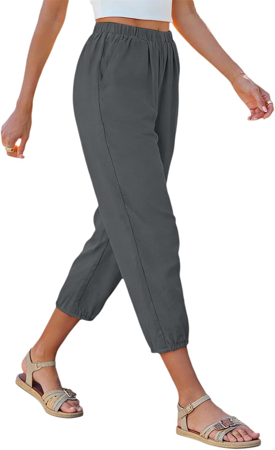 Elastic Waist Lightweight Linen Blend Cropped Joggers, Pocketed Casual Lounge Trousers for Womens Summer Daily Wear
