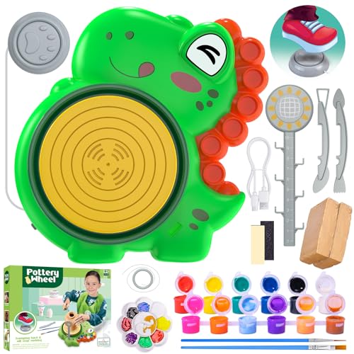 Alckijy Pottery Wheel for Kids, Complete Pottery Painting Kit with Air Dry Clay, Paints, Tools, Apron & Gem Stickers, Arts and Crafts Gift for Girls and Boys Ages 6 7 8 9 10 11 12+ (16 PCS)