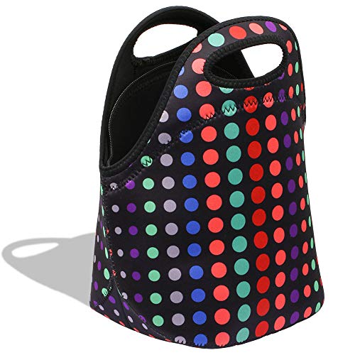 YZCX Bolsa de Almuerzo Neopreno Ultra-Grueso Bolsa Térmica Porta Alimentos Bolsa Comida con Cremallera para Escolares Trabajo Picnic (puntos colores)