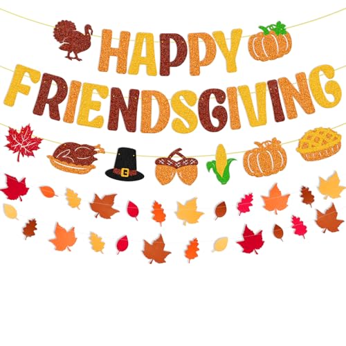 Happy Friendsgiving Banner & Maple Leaf Garland Set - Pre-Strung Friendsgiving Day Thanksgiving Party Decoration Kit, Adjustable, Photo-Ready Friends Gathering Decor by LZHARC - Used condition - US$6.82