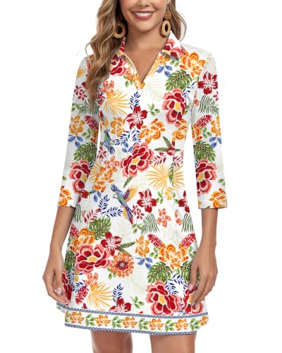 Image of WOWENY 3 /4 Sleeve Dress for Women with Pockets V Neck UPF 50+ Casual Sun Dress Breathable Quick Dry Beach Vacation
