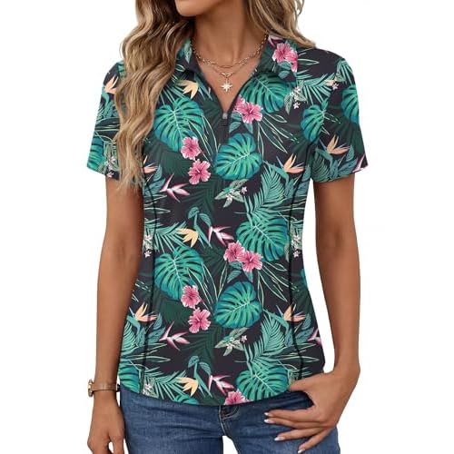 LOMON Women’s Short Sleeve Athletic Polo Shirt High Performance Stretch Quarter Zip Top for Golf Tennis
