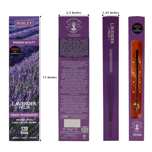 Image of HOSLEY Incense Sticks with Wooden Holder|120 Sticks Lavender Fields Natural Fragrance|Infused with Essential Oils Agarbatti Sticks|Perfect for Home, Pooja,Meditation(Pack of 1)