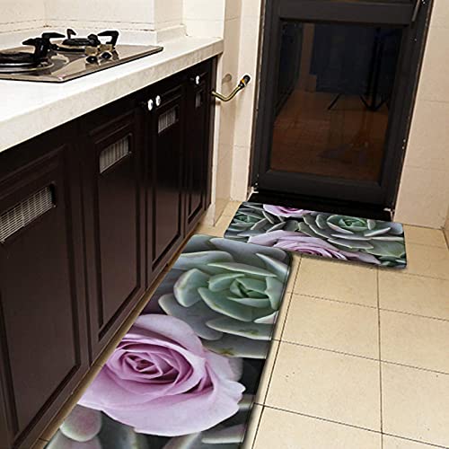 Kitchen Rug Set,Echeverias and Roses by Debra Lee Baldwin 2 Pieces Absorbent Non Slip Kitchen Mat, Cushioned Anti-Fatigue Doormat with Non Skid Rubber for Kitchen Entrance Carpet