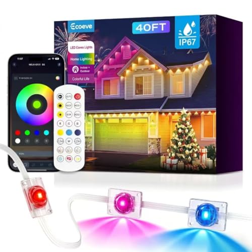 Ecoeve Permanent Outdoor Lights for House 40ft RGB+IC Lights with 16 Million Colors & 50 Scene Modes App/Remote Control IP67 Waterproof DIY Music Sync for Christmas Holiday & Party Decor