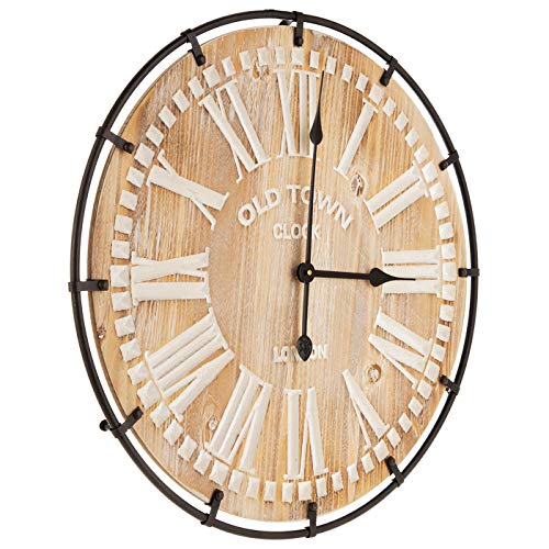 Mode Home 24 Inch Oversized Famhouse Wall Clock, Rustic Antique Wood With Metal Circle And Large Engraved Numerals, Silent Battery Operated For Office Kitchen Bedroom Living Room, Nature #TOP1