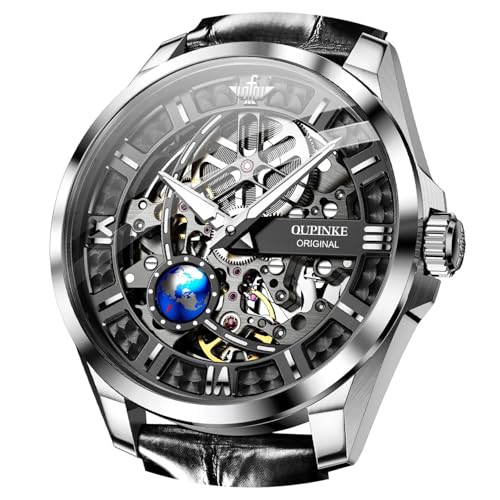 Image of OUPINKE Skeleton Mens Automatic Watches Mechanical Luxury Dress Leather Self Winding Waterproof 50M /5ATM Luminous Watches for Men