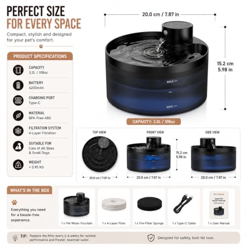 Image of PetVogue Smart Pet Water Fountain 3.2L Wireless Cat Water Fountain with Motion Sensor, 4-Layer Filtration, 4200mAh Rechargeable Battery, Ultra Quiet,Automatic Water Dispenser for Cats & Small Dogs
