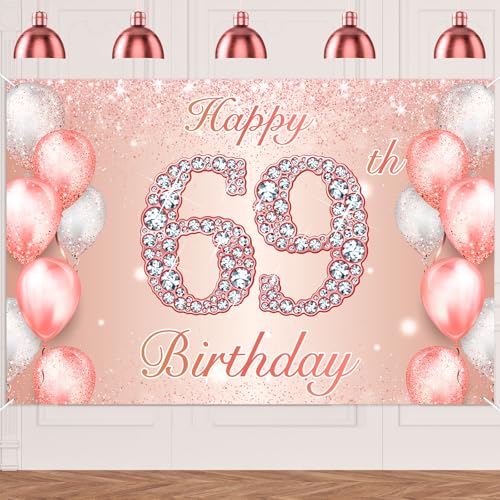 Image of Happy 69th Birthday Rose Gold Banner Cheers to 69 Years Old Backdrop Confetti Balloons Theme Decor for Women 69 Years Old Pink Birthday Party Decorations Bday Supplies Background Favors Gift Glitter