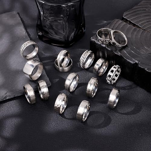 16PCS Silver Stainless Steel Rings Set for Men 8MM Spinning Cuban Link Chain Band Rings Square Signet Hammered Roman Numeral Silver Rings Engagement Wedding Promise Rings Set Size7-13 - Image 3