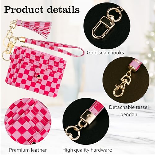 Image of KNGITRYI Small Wristlet Wallets for Women RFID Credit Card Holder Wallet Keychain Wristlet Wallet Credit Card Wallets for Women (checkered pink)