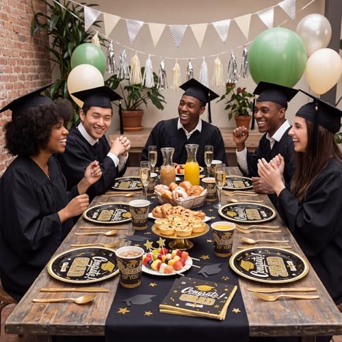 Pajean 350 Pcs Black and Gold Graduation Decorations Class of 2026 Disposable 12 inch Oval Plates Napkins Heavy Duty Paper Oval Tableware Set for 50 Guests College High School Grad Party Supplies by Pajean - Used condition - Image 5