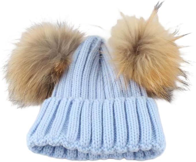 Kids' Double Raccoon Dog Fur Pom Pom Beanie, Thick Ribbed Knit Winter Hat and Rolled Brim, Warm Cap for Boys & Girls
