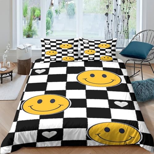NAOFEKUID Housse de Couette 3D Imprimée Damier Smiley Microfibre Douce Décoration Chambre Parure de Lit Smiley pour Adultes Adolescents Toutes Saisons...
