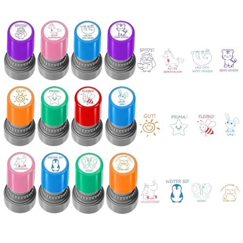 12 Stück Lehrerstempel Selbstfärbender Set,Schüler Hausaufgaben Stamper,Bunte Cartoon Lehrer Bewertung Belohnung Motivation Briefmarken, Selbstfärbende Lehrer Stempel